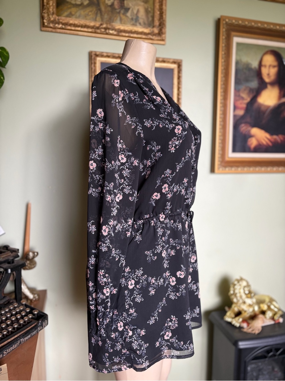 Mossimo Supply Co. Black Floral Long-Sleeve Shorts Romper Size L Cottagecore - Picture 6 of 16